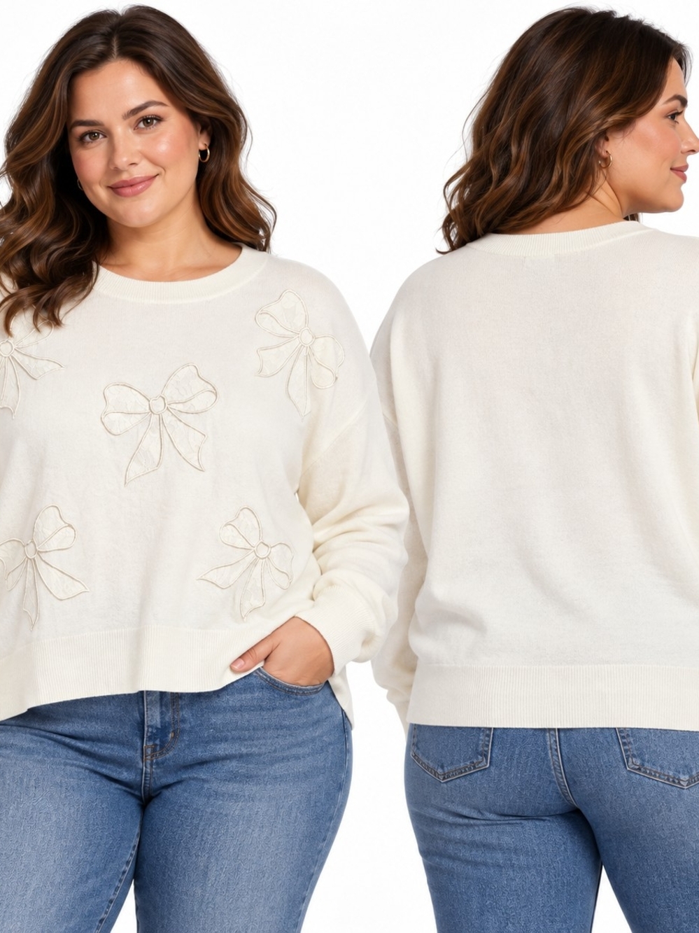Bridgerton Cream Lace Bow Applique Sweater XL Coquette Balletcore Romantic NWT
